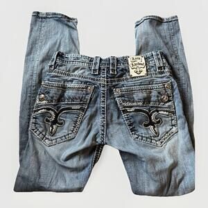 Rock Revival Jeans Daegan Straight Women’s 31 Low Rise Y2K Bling Fleur De Lis